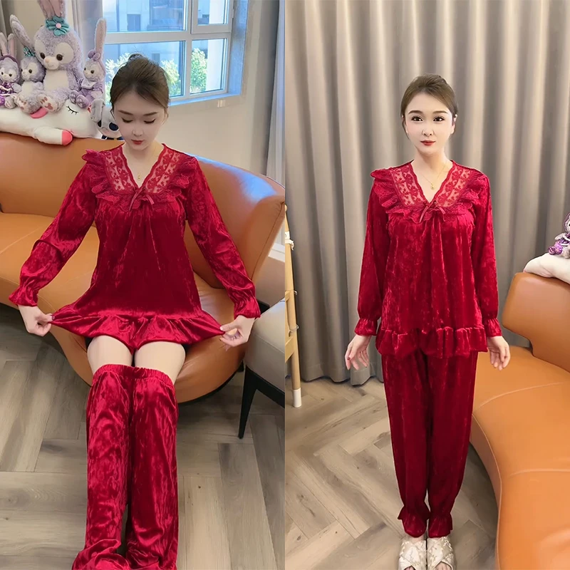 春秋新款韩版蕾丝长袖大码睡衣女套装红色简约宽松金丝绒家居服