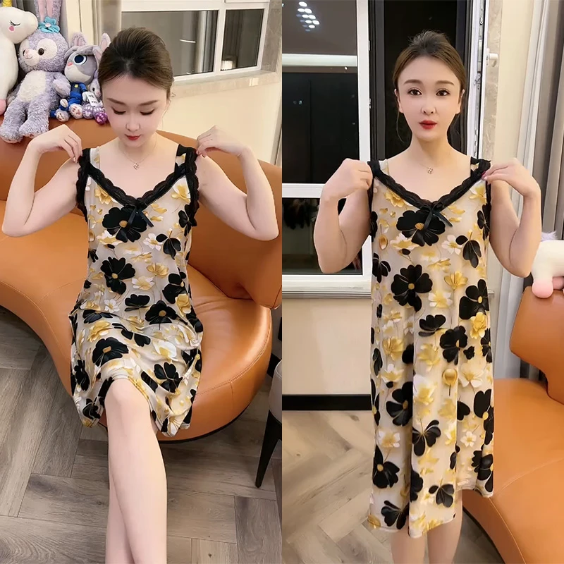 夏季薄款无袖中长款网红时尚家居服韩版显瘦大码宽松印花家居服