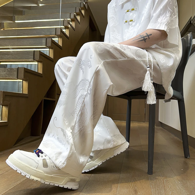 新中式国风龙纹裤男装夏季提花薄款垂感宽松休闲直筒阔腿长裤潮牌