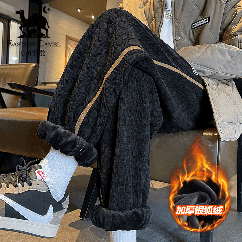 eastern camel/东方骆驼 棋盘格加绒束脚运动裤港风大码抽绳卫裤加厚保暖休闲裤潮