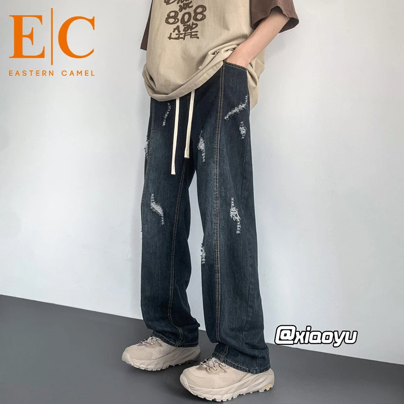 水洗破洞牛仔裤男夏季薄款美式复古青少年宽松潮牌直筒垂感高街裤