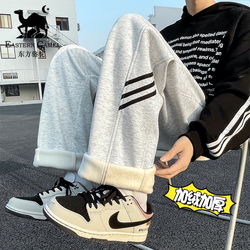 东方骆驼秋冬季宽松百搭直筒卫裤男士重磅情侣抽绳条纹休闲运动裤