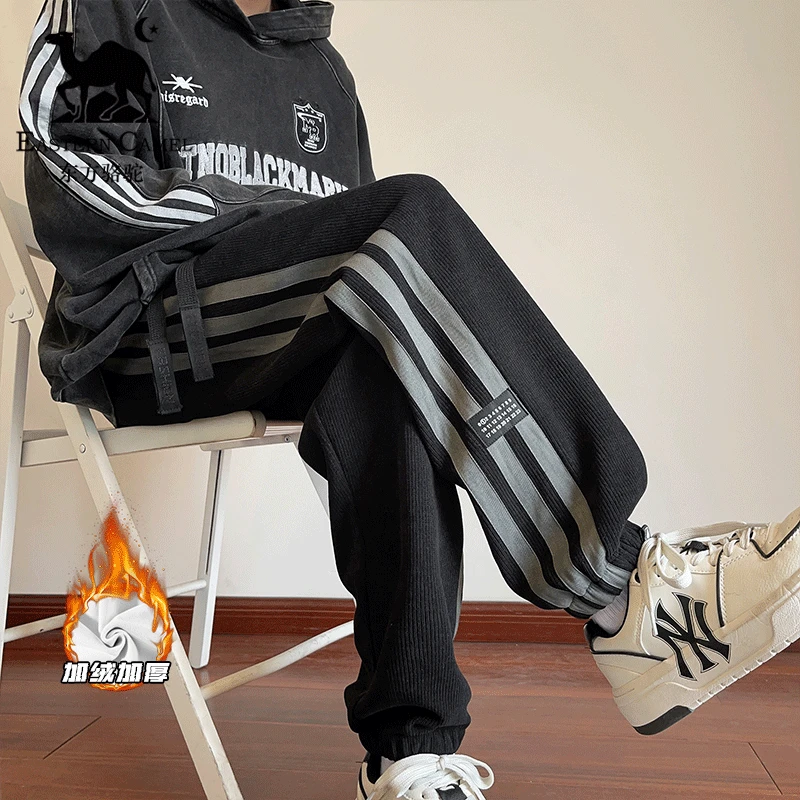 东方骆驼男士冬季美式复古宽松卫裤大码加绒加厚保暖运动休闲裤子