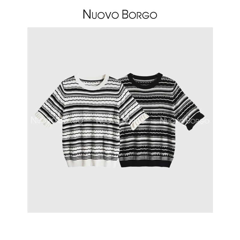Nuovo Borgo X20/11181 【织梦空间】圆领镂空条纹荷叶边袖针织衫