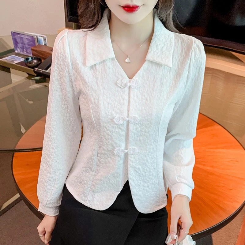 气质显瘦春季新款时尚减龄洋气百搭复古盘扣设计感雪纺长袖上衣女
