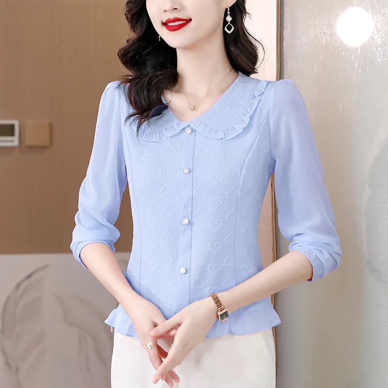 雪纺衬衫女2024新款春装显瘦收腰短款上衣女士洋气娃娃领别致小衫