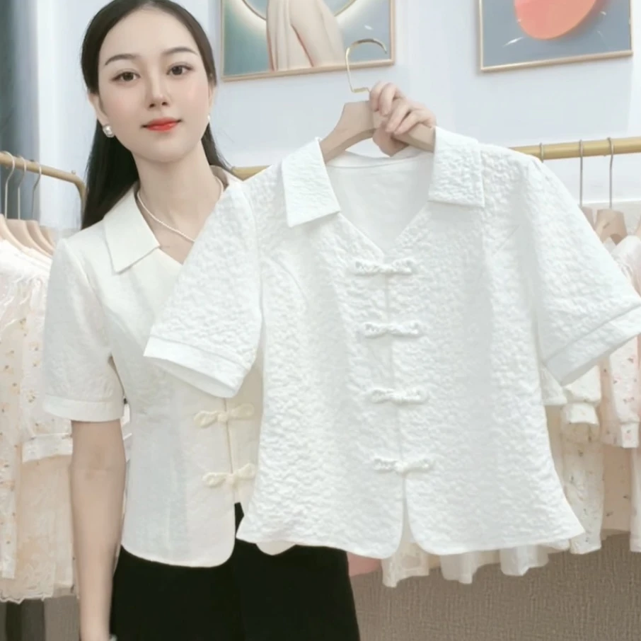 新中式女装高级设计感盘扣POLO领短袖衬衫女2024白色甜美洋气上衣
