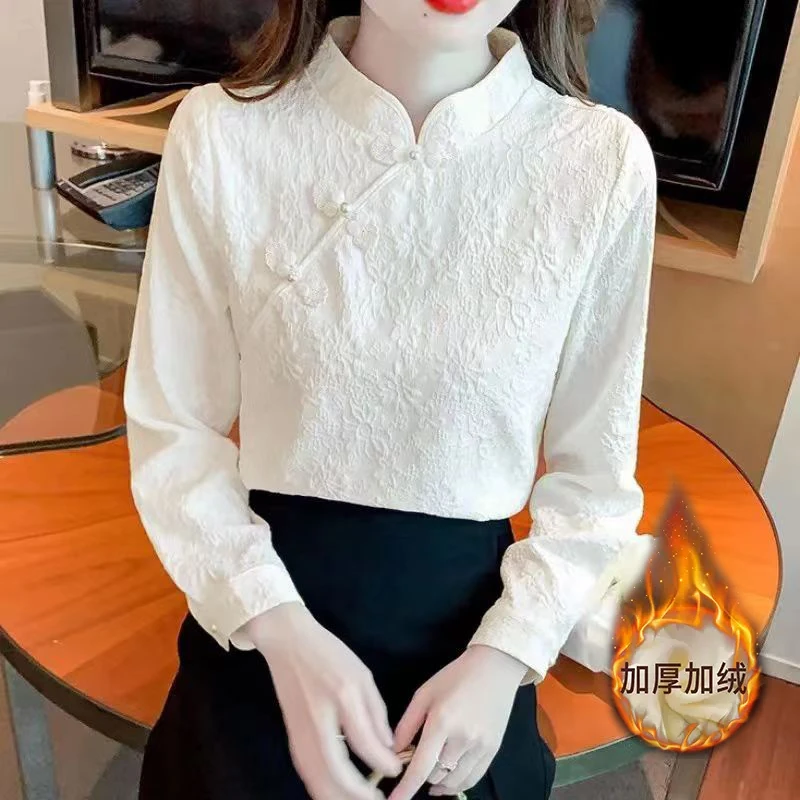 盘扣长袖衬衫女2025春季新款复古中式内搭打底衫时尚显瘦气质上衣