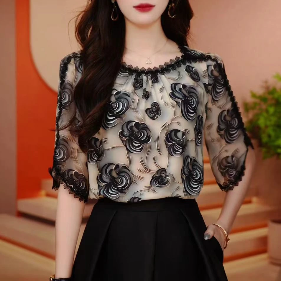 时尚气质减龄印花设计百搭衬衫夏季新款宽松显瘦洋气花边上衣