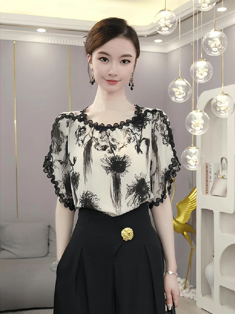 夏季圆领宽松显瘦蕾丝花边时尚百搭水墨画短袖打底小衫上衣女