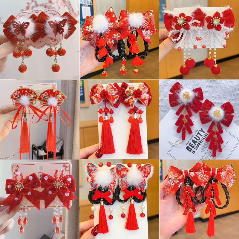 女童新年头饰中国风发夹头花儿童汉服发饰古风过年小女孩红色发卡