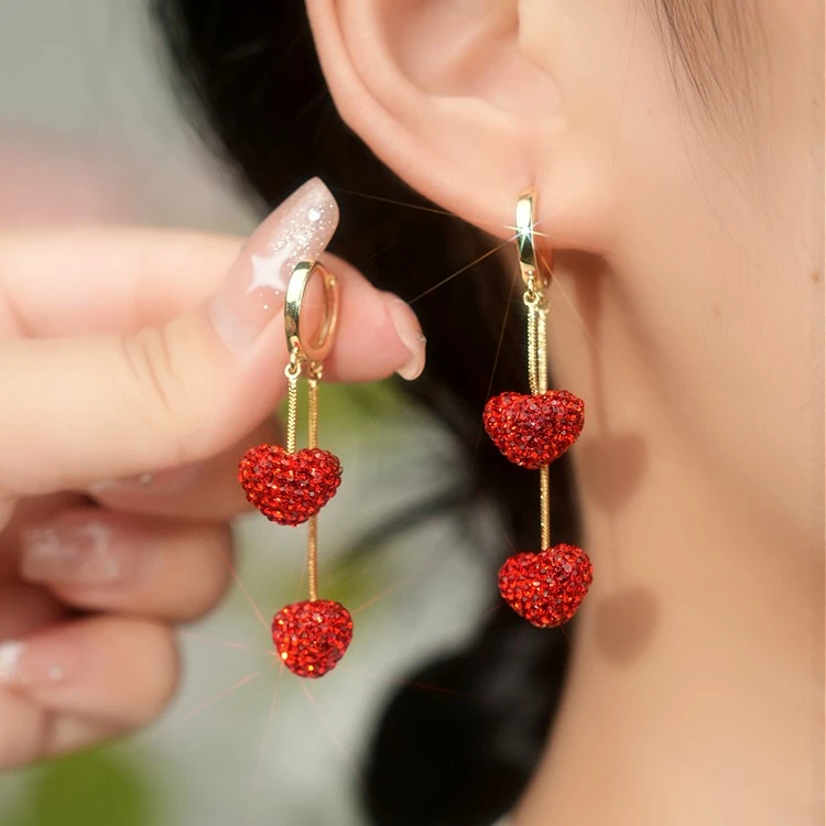 铜合金合成锆石耳饰 红色爱心满钻轻奢耳环长款流苏气质耳扣1570