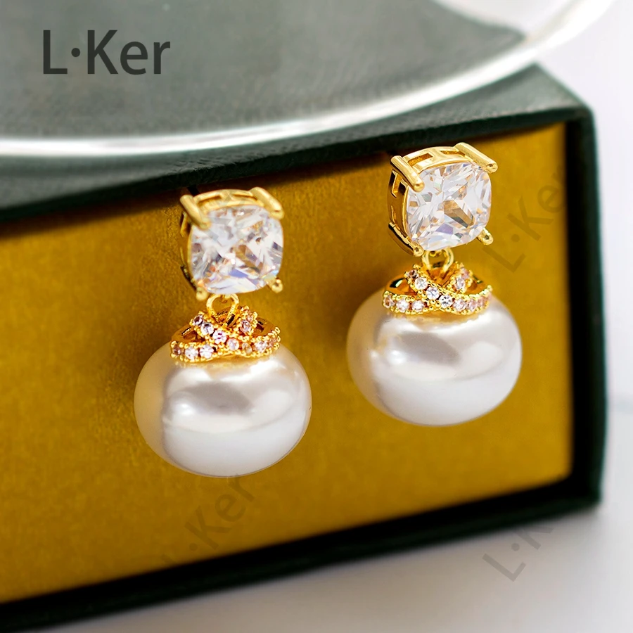 铜合金合成锆石耳饰 【珠光】法式高级珠珠耳钉小香风时尚耳环1536