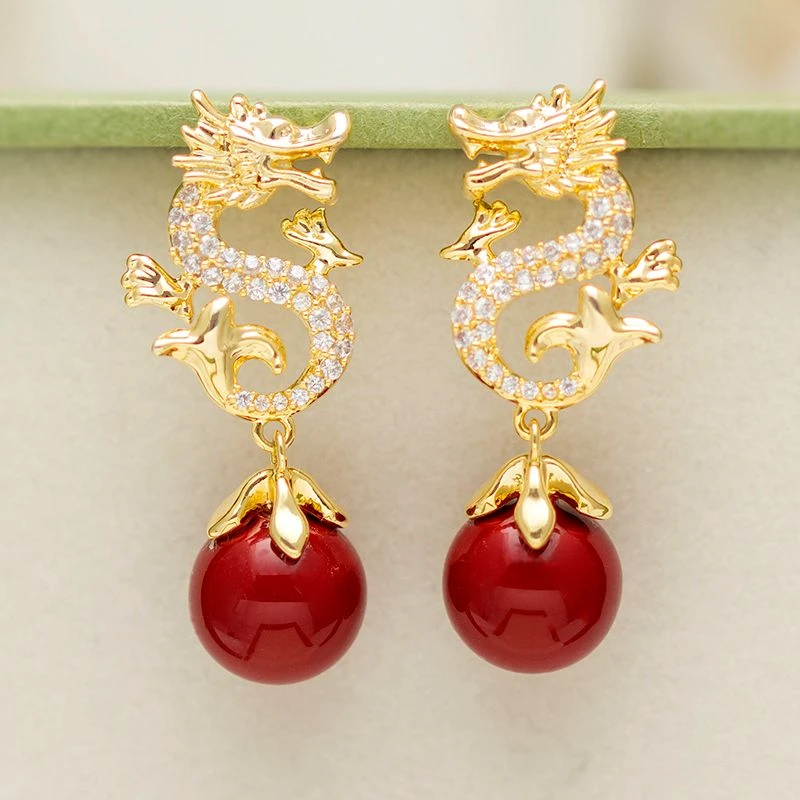 铜合金合成锆石耳饰 新年红色珠珠耳环时尚龙年福气百搭耳钉1103