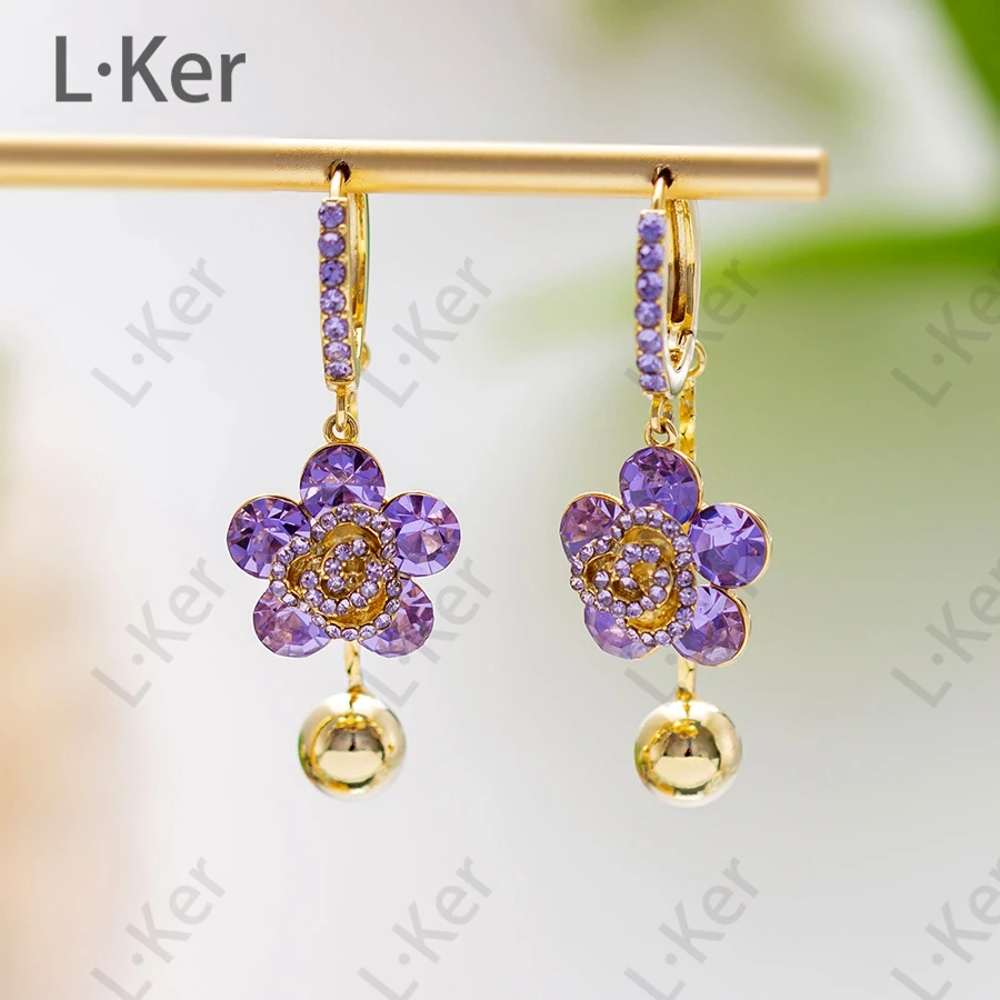 铜合金合成锆石耳饰 【紫玫瑰】经典满钻花朵耳环设计感流苏1503
