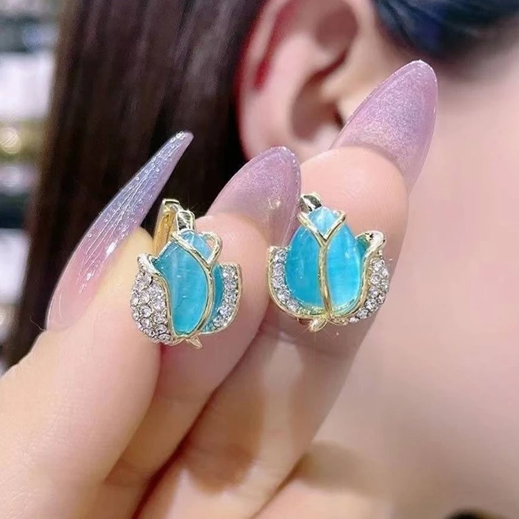 铜合金玻璃耳饰 郁金香花朵耳环浪漫蓝色精致显气质时尚耳扣1613