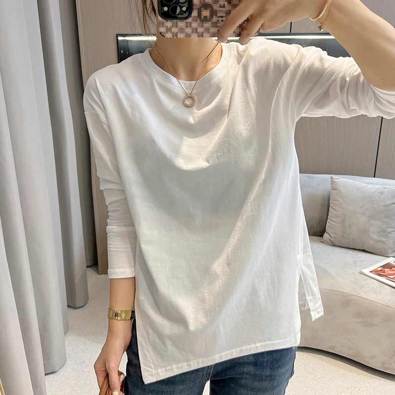 纯棉长袖t恤女2023早秋薄款打底衫新款白色百搭宽松韩系内搭上衣