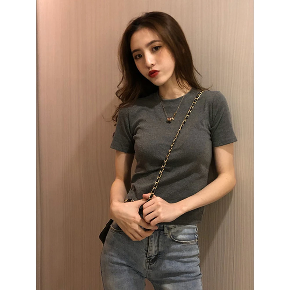 白色短袖正肩t恤女夏季新款修身紧身圆领纯色内搭显瘦体恤上衣服