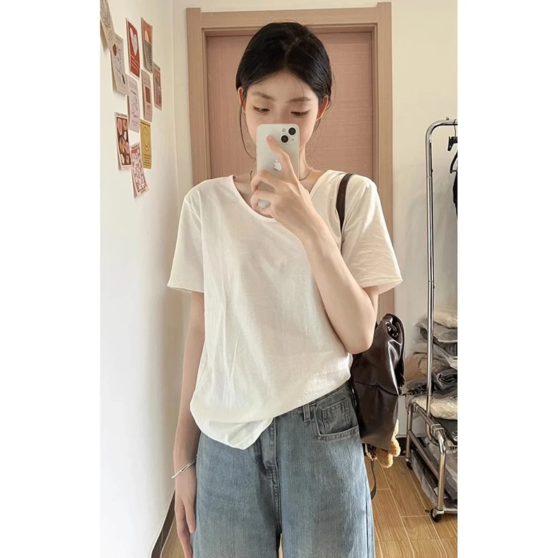 白色大领口短袖体恤女夏季宽松慵懒风韩版纯色半袖正肩露锁骨上衣