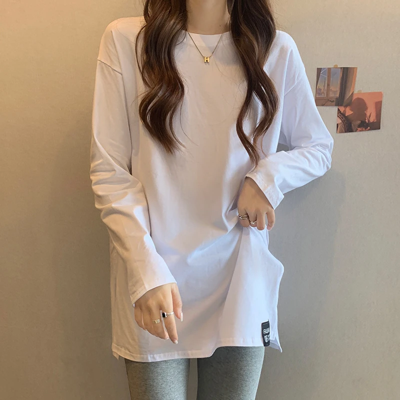 中长款纯棉打底衫女2024秋冬宽松白色长袖T恤设计感开叉叠穿上衣