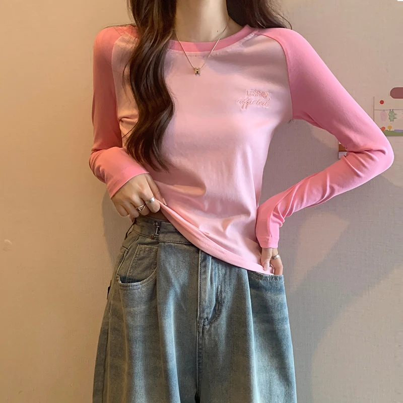 撞色长袖T恤女2024早秋新款修身内搭打底衫洋气百搭圆领上衣潮
