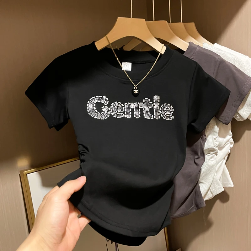 高级感轻奢烫钻字母T恤女夏季正肩短袖设计感小众欧洲站半袖上衣