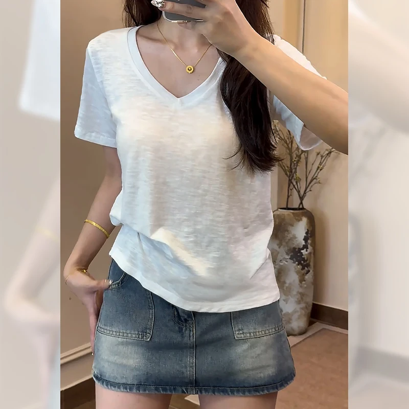 宽松V领短袖体恤女夏季白色竹节纯棉半袖韩版简约基础款打底上衣