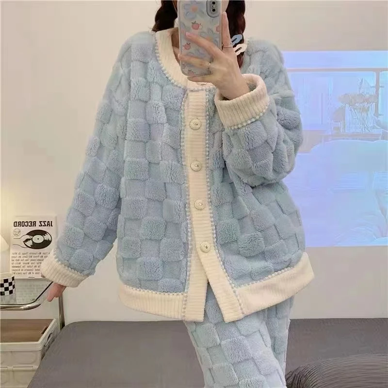 秋冬季睡衣女士法兰绒2023年加绒加厚冬天珊瑚绒家居服套装大码