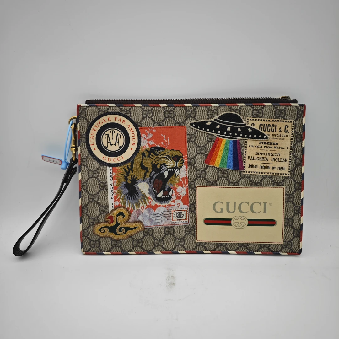 90新古驰GUCCI男士虎头刺绣手拿包飞碟涂鸦