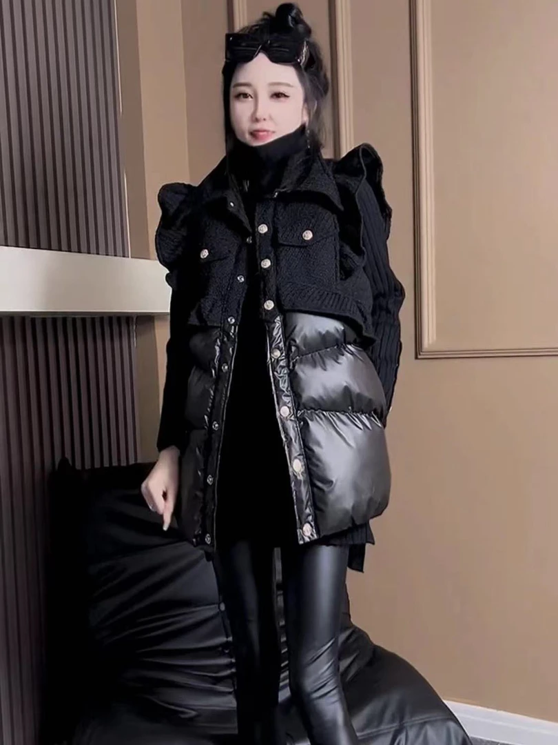 欧货气质小香风拼接小飞袖荷叶边马甲女秋冬夹棉加厚宽松无袖外套