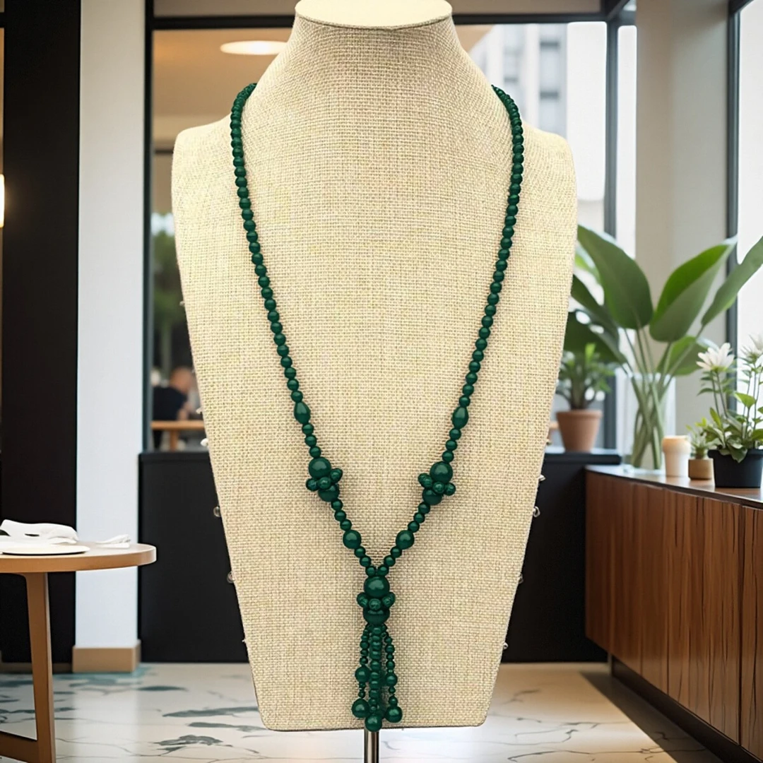 高冰绿玛瑙长款项链女士时尚百搭秋冬复古毛衣链高档玉石珠宝首饰