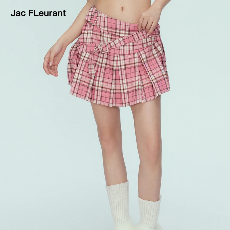 JAC FLEURANT春夏新款粉色格纹腰带百褶短裙百搭少女气质