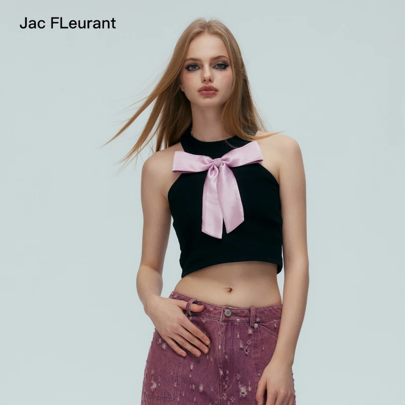 JAC FLEURANT 夏季甜酷黑粉缎面蝴蝶结绑带百搭设计款背心