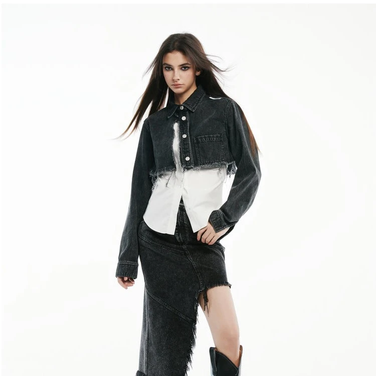 Jac FLeurant水洗牛仔拼接白色破坏衬衣