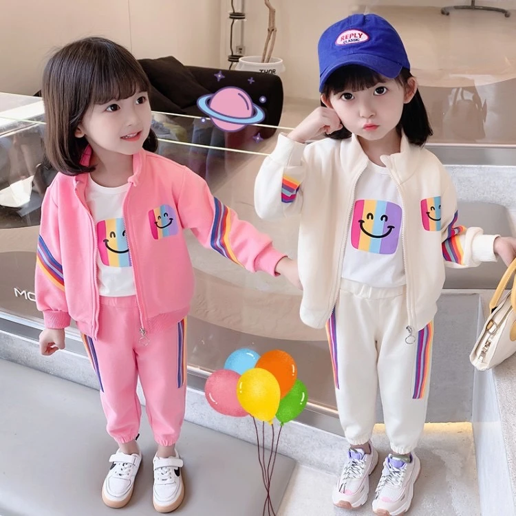 女童套装春秋款2024新品女宝宝彩色织带笑脸外套内搭裤子三件套潮