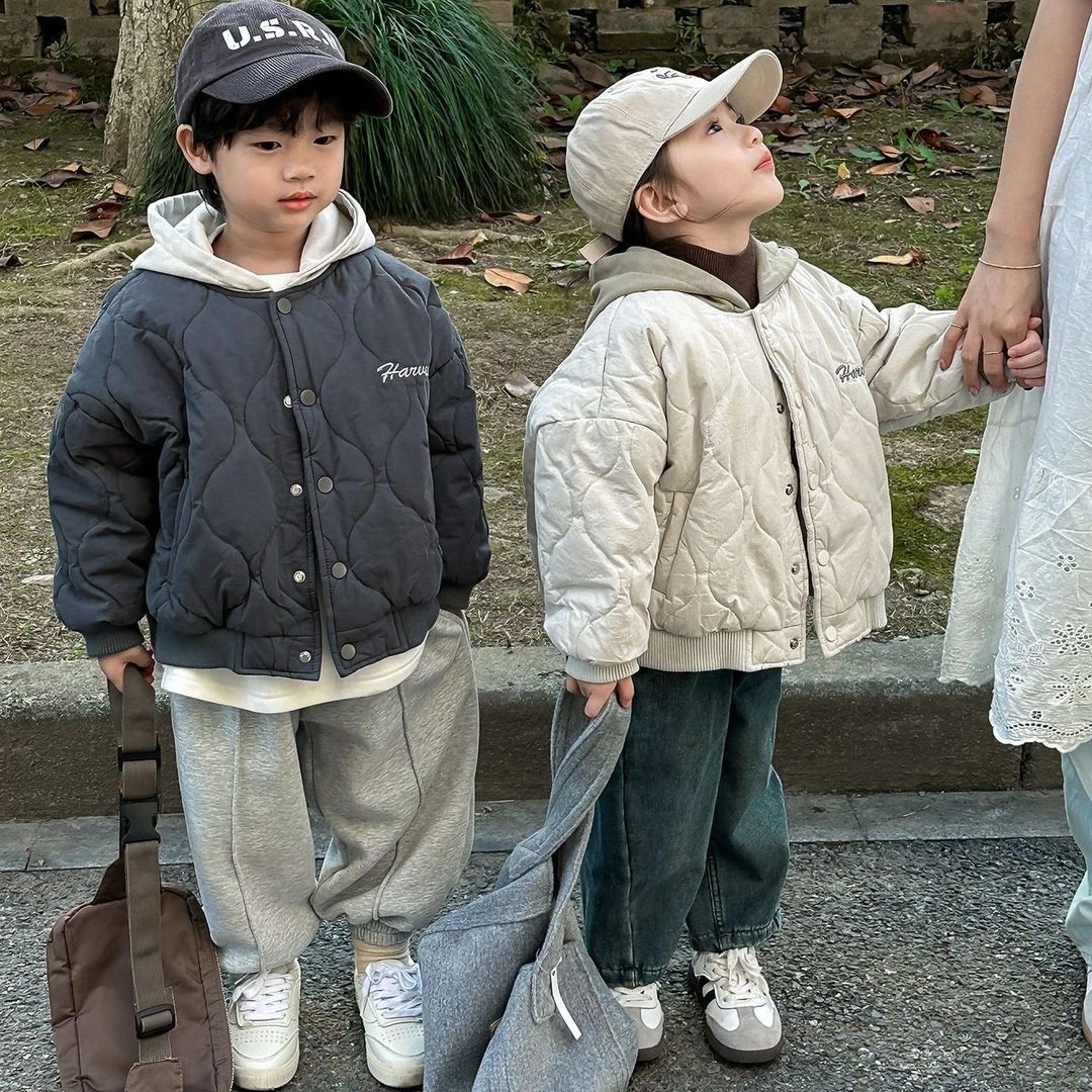 秋冬儿童夹棉外套男女童韩版加厚休闲连帽棉服宝宝字母剌绣开衫潮