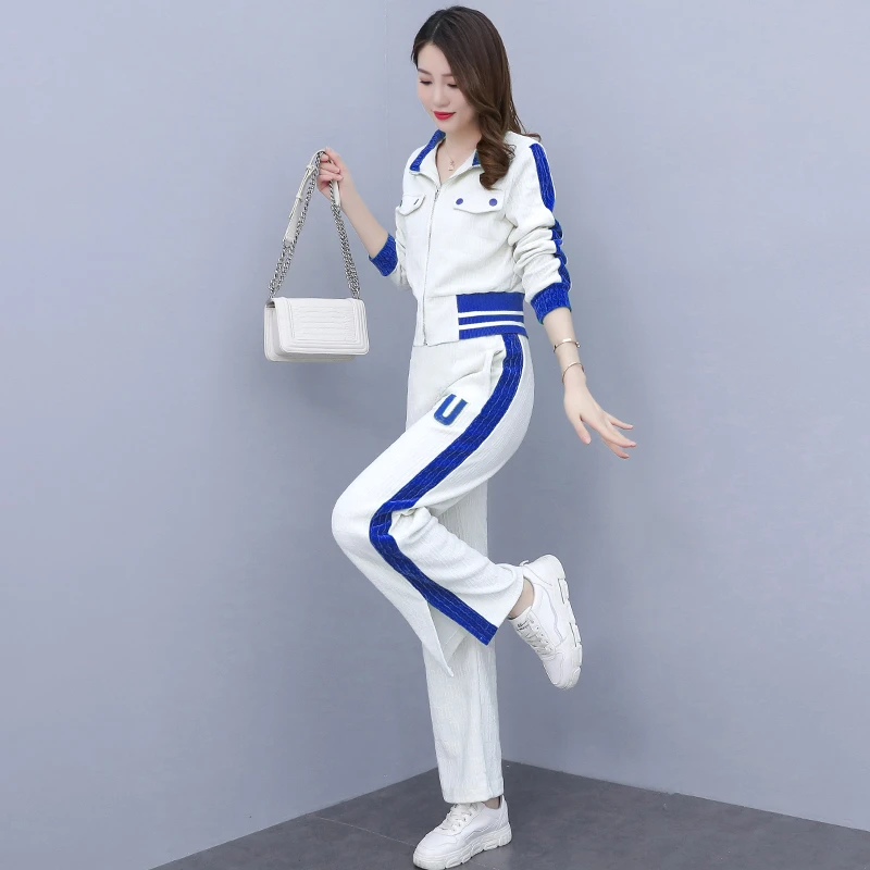 L-4XL休闲运动服套装女立领棒球服高端定制字母印花撞色开叉套装