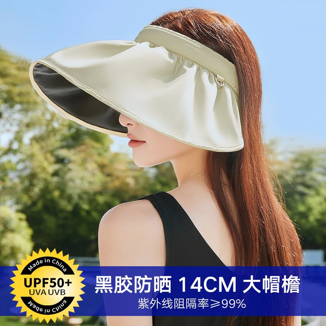 瑞苏薇防晒防紫外线空顶帽夏季女士加大帽檐遮脸黑胶防晒遮阳帽