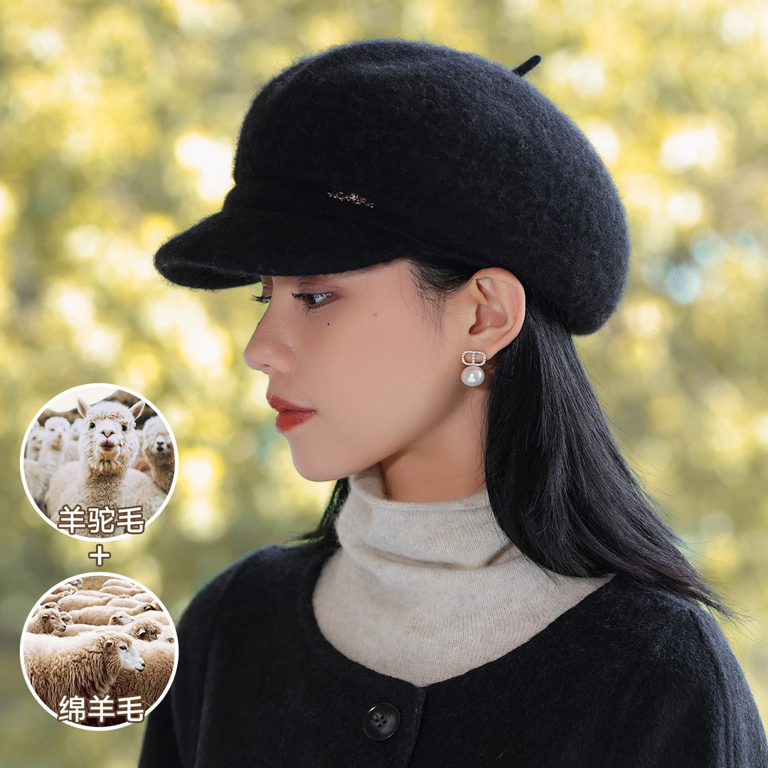 【进口羊驼毛】八角帽子女款2025网红款秋冬洋气贝雷帽显脸小画家帽