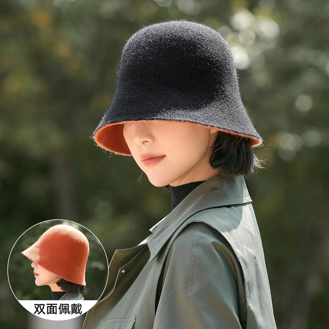 双面戴帽子女2025新款秋冬保暖休闲小羊渔夫帽时尚盆帽百搭针织帽