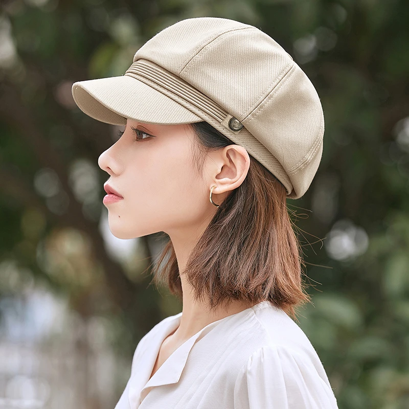贝雷八角帽子女夏时尚绑带金属扣装饰八角帽遮阳帽韩版防晒太阳帽