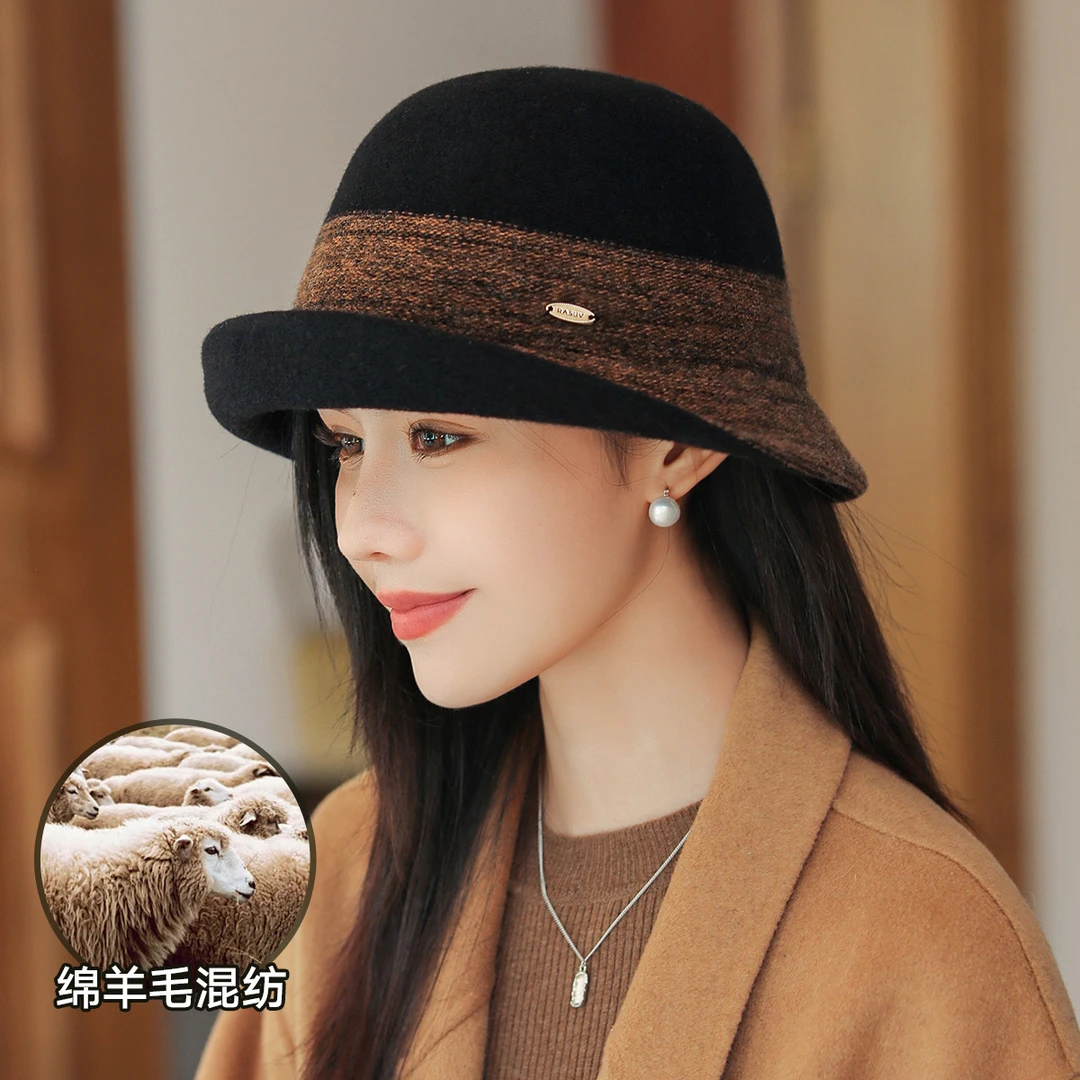 帽子女2025新款秋冬高级感时尚百搭卷檐绵羊毛混纺保暖渔夫帽盆帽