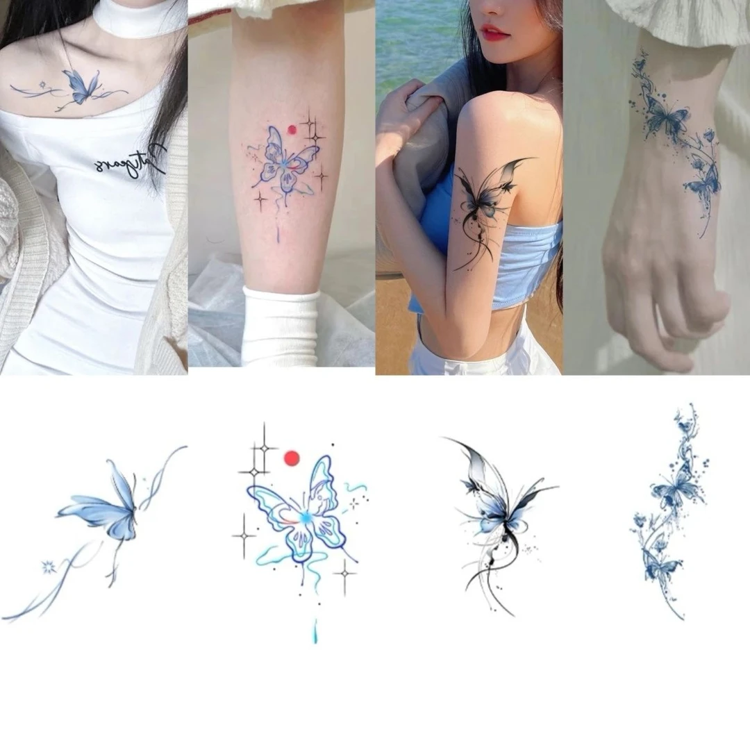 爆款蓝色系蝴蝶纹身贴性感ins高颜值防水持久甜酷辣妹手臂锁骨贴
