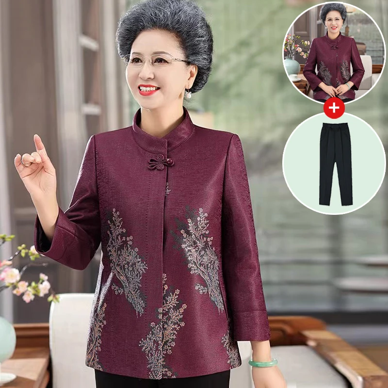 老年人春装女呢子唐装上衣婆婆妈妈春秋天宽松外套奶奶装衣服新款