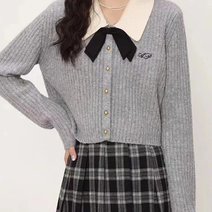 2024年小香风翻领短款毛衣女秋冬新款学院风小众撞色气质针织开衫