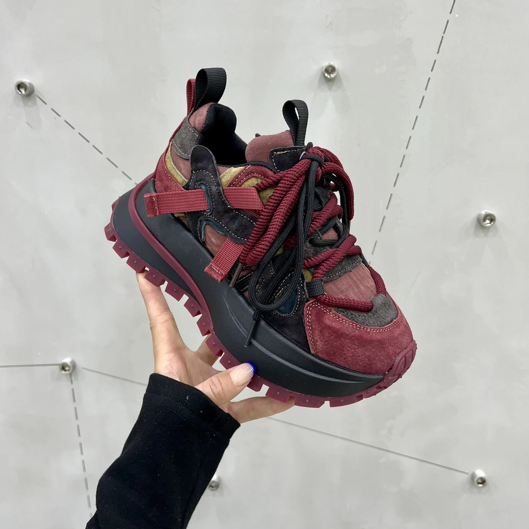 秋冬真皮厚底阿甘鞋时尚女士休闲鞋~复古拼色设计单鞋加绒DH-172