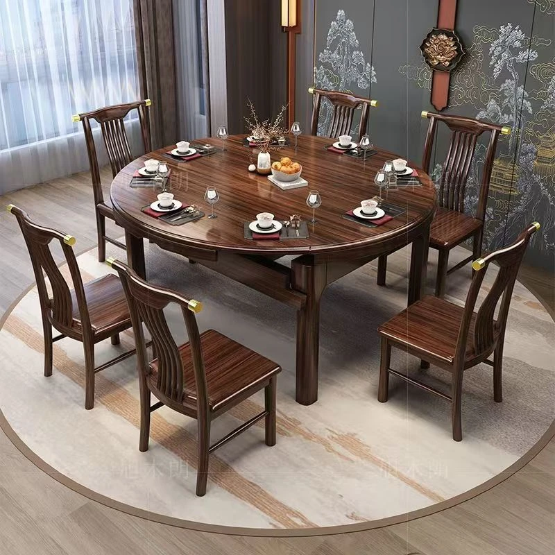 现代新中式乌金木实木方圆两用餐桌吃饭桌家用简约跳台可伸缩圆形