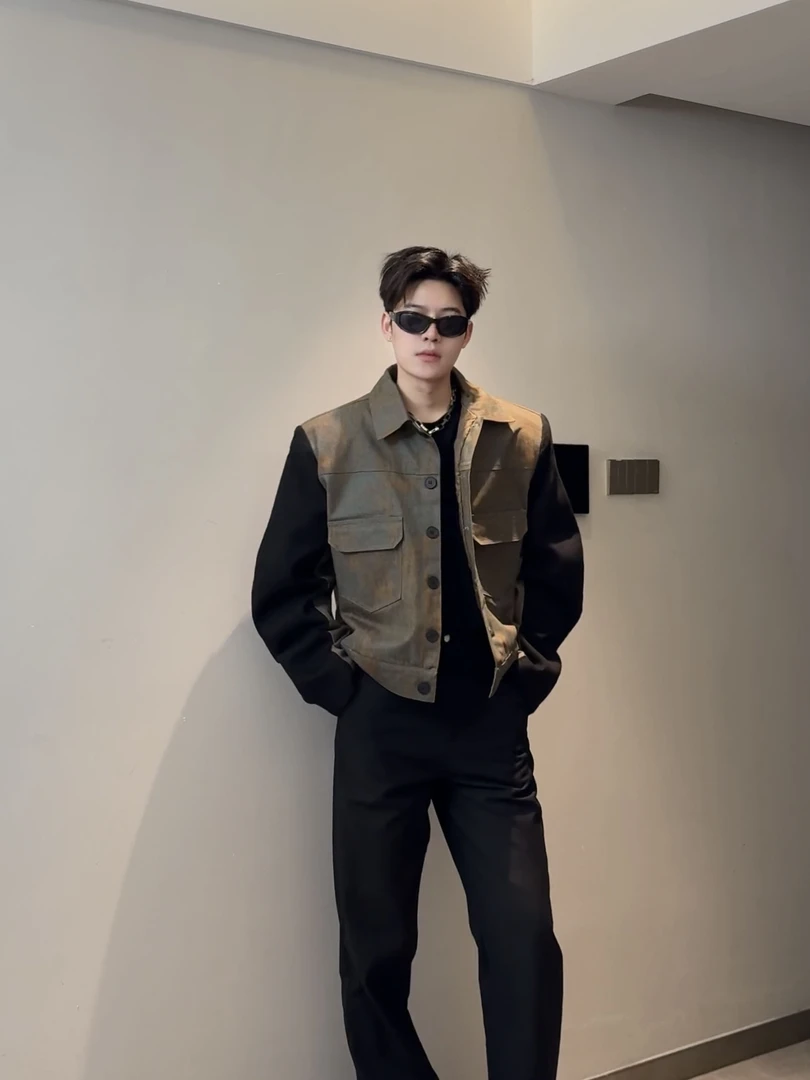 及时雨东 25s 【绿野仙踪】小众弯刀袖双拼垫肩夹棉短款夹克外套