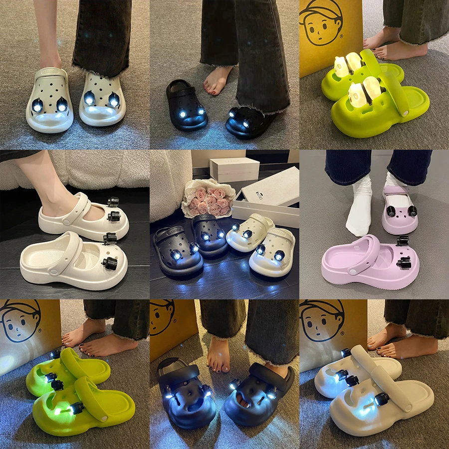 发光拖鞋洞洞鞋女2024年踩屎感防滑软底创意两穿休闲包头带灯凉鞋