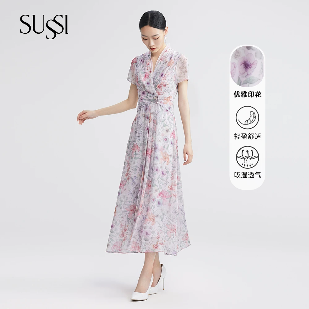 SUSSI古色丨“莫奈花园”风信紫碎花优雅收腰女士度假风连衣裙